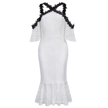 Kate Kasin Sexy Womens Half Sleeve Cold-Shoulders Hips Wrapped Mermaid White Lace Dress KK000683-1